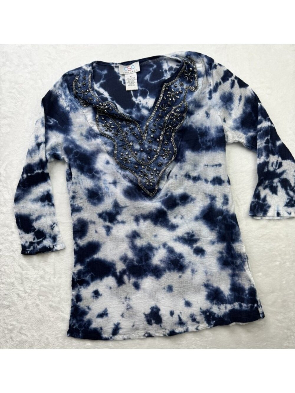OSO Casuals Size M Womens Boho Tunic Top Embellished V Neck Blue Tye Dye 3/4